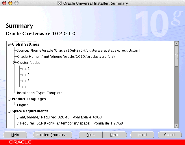 Oracle Universal Installer: Summary window